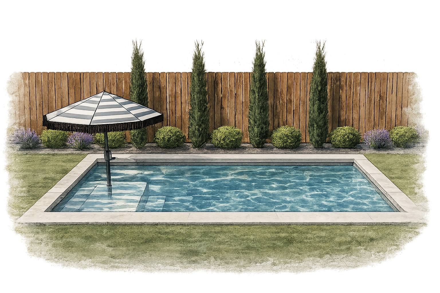 Visalia custom pool concept with rectangular pool, Baja shelf, umbrella sleeve, fence, and landscaping